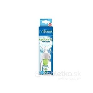 Dr.BROWN´S DOJČENSKÁ FĽAŠA OPTIONS+ 120 ml Narrow, 0M+, anti-colic, plastová, biela (so silikónovým cumľom level-1) 1 ks