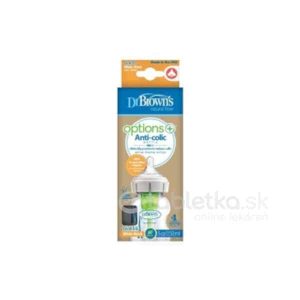 Dr.BROWN´S DOJČENSKÁ FĽAŠA OPTIONS+ 150 ml Wide-neck, 0M+, anti-colic, sklenená, biela (so silikónovým cumľom level-1) 1 ks